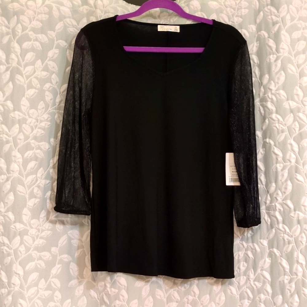 NWT 89th & Madison Black Sheered Blouse with Elegant Design